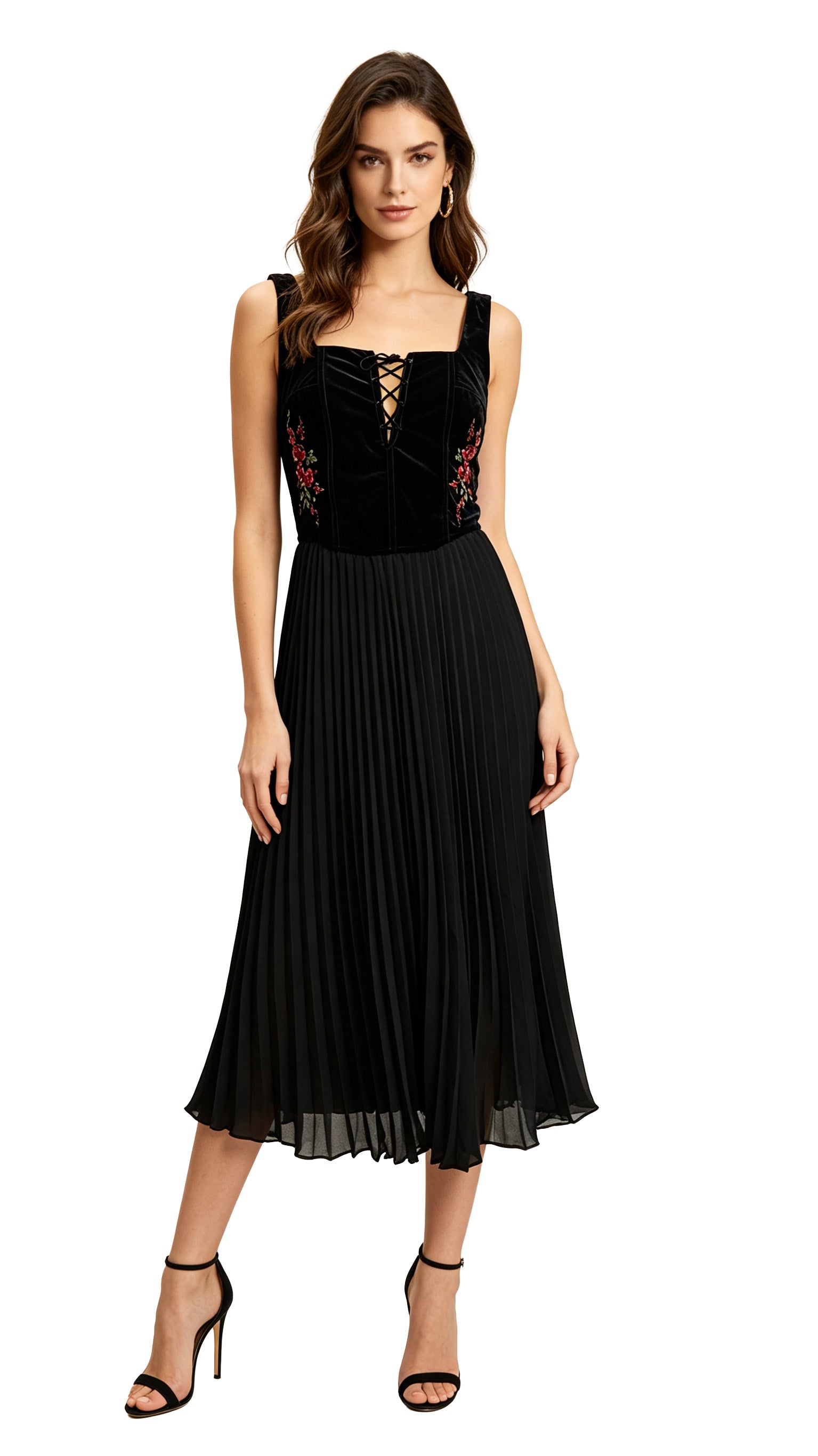 Ada | Black Velvet Floral Embroidery Corset Pleated Midi Dress
