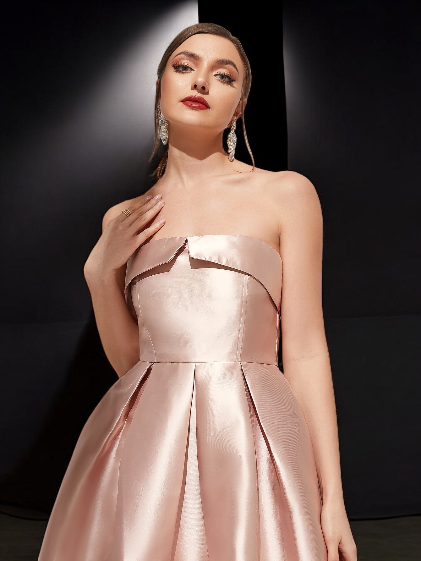 Anna | Satin Strapless Pleated Midi Evening Dress