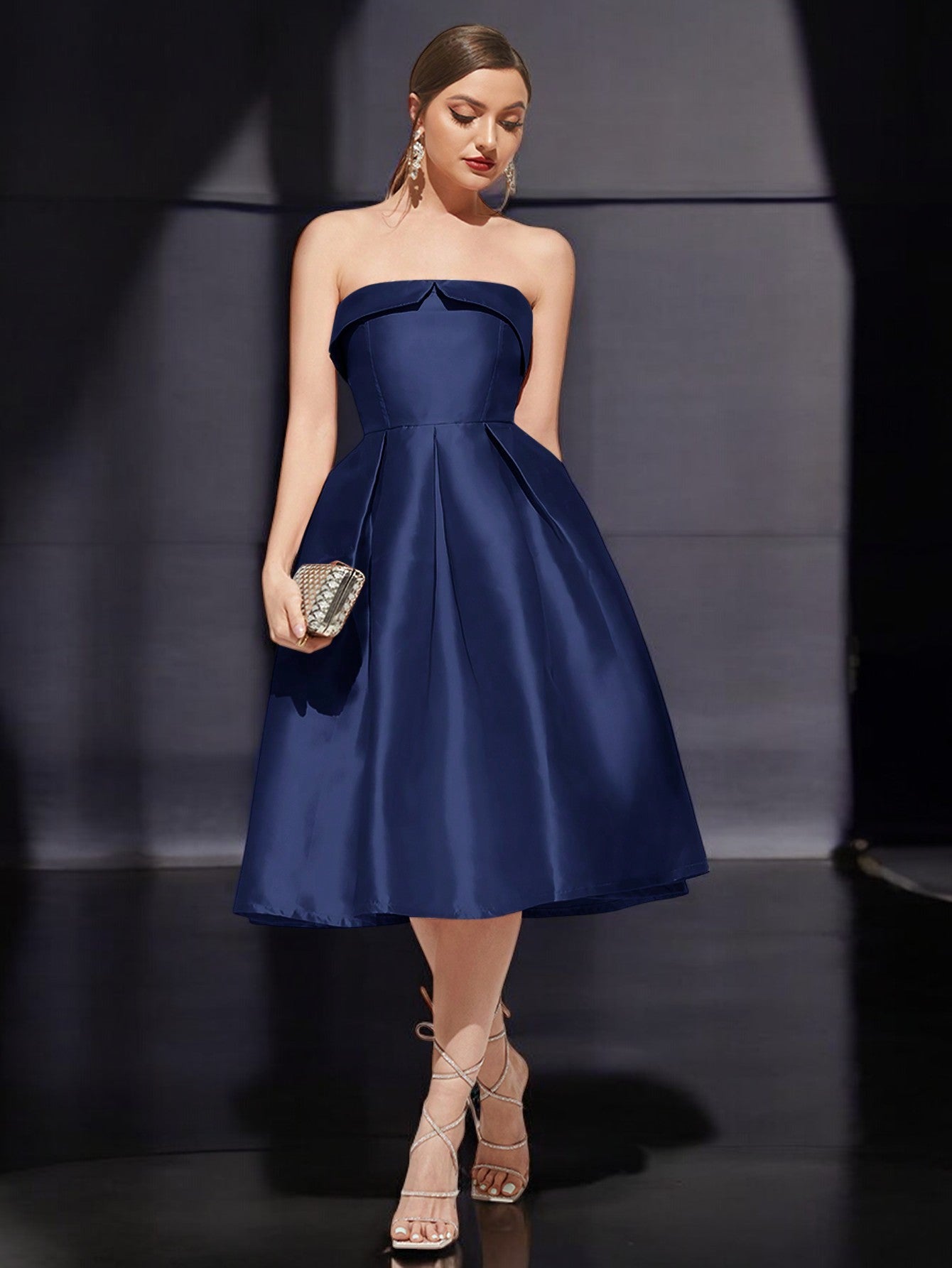 Anna | Satin Strapless Pleated Midi Evening Dress-NAVY