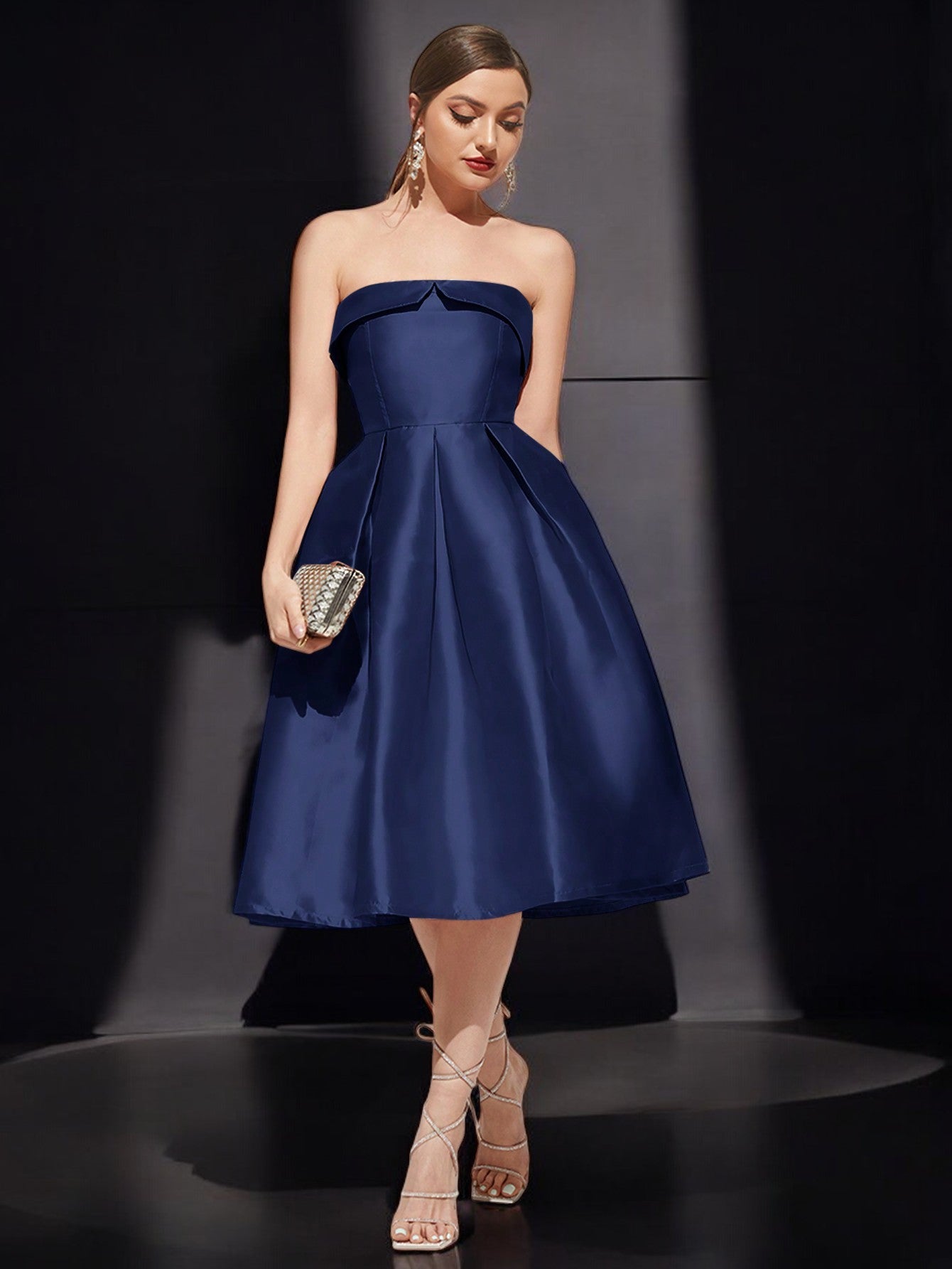 Anna | Satin Strapless Pleated Midi Evening Dress