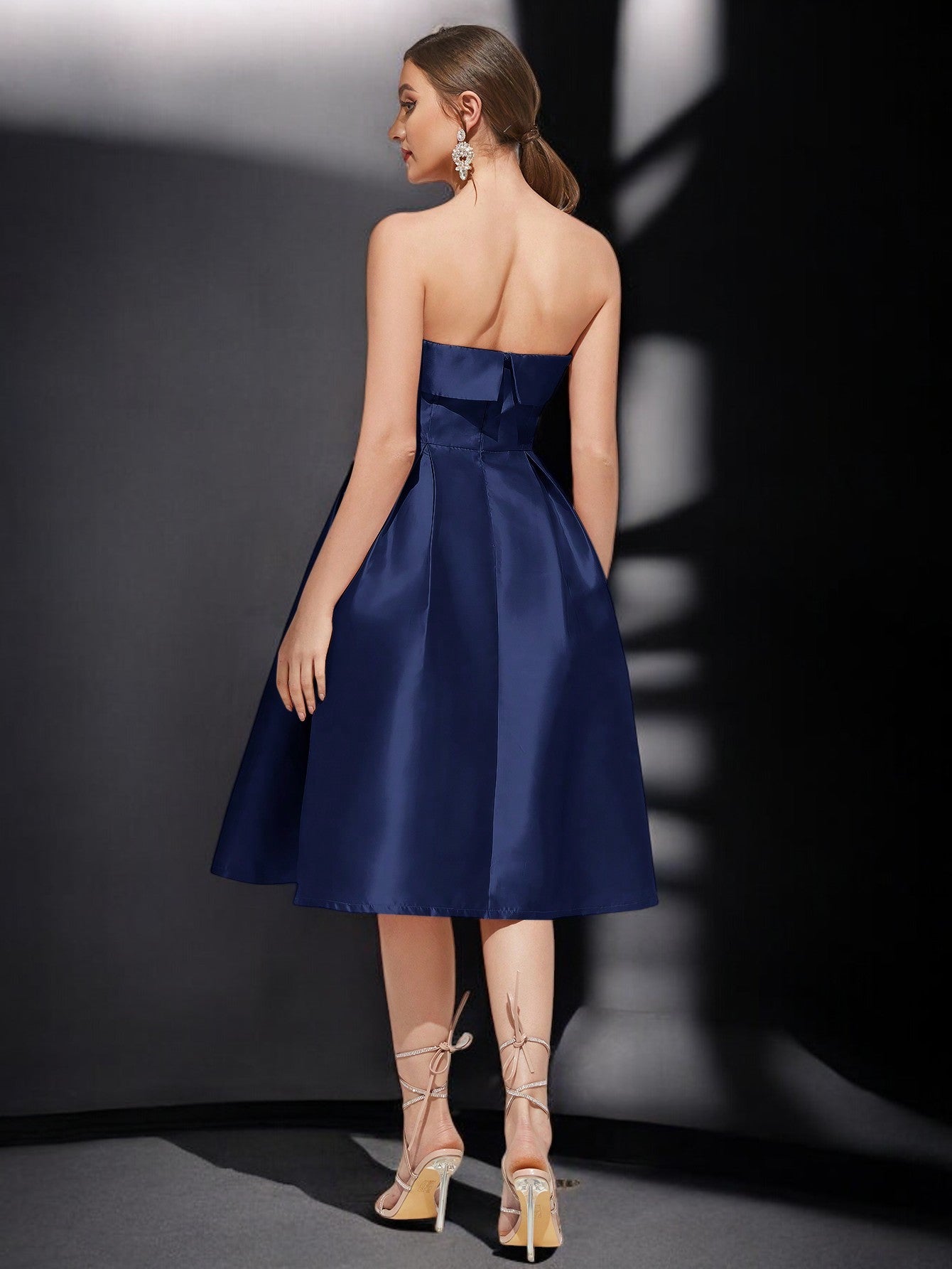 Anna | Satin Strapless Pleated Midi Evening Dress-NAVY