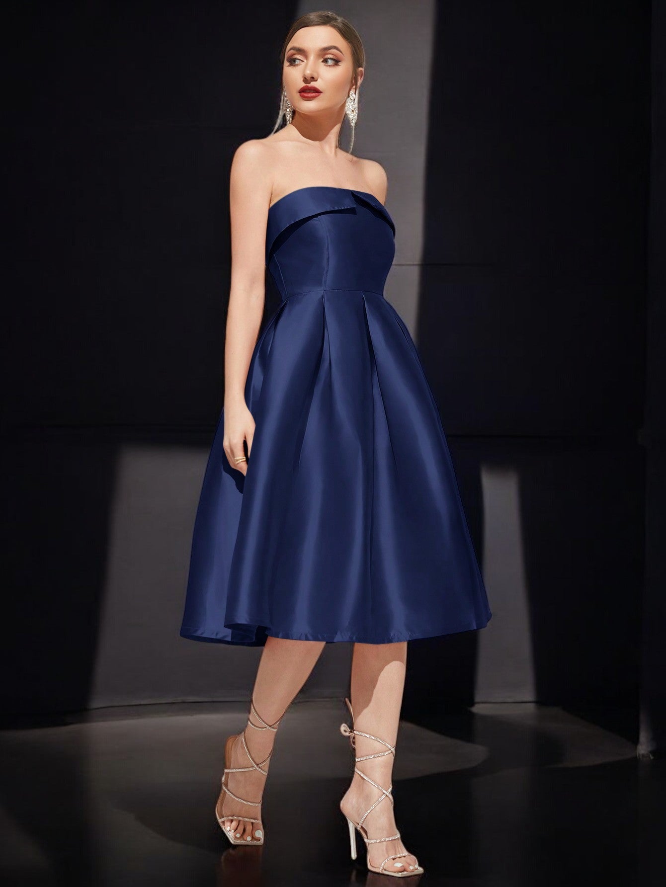 Anna | Satin Strapless Pleated Midi Evening Dress-NAVY