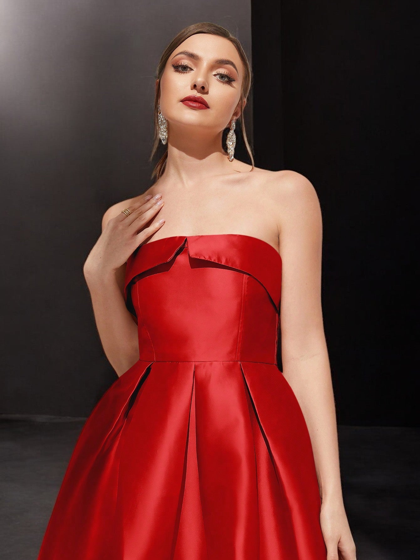 Anna | Satin Strapless Pleated Midi Evening Dress-RED