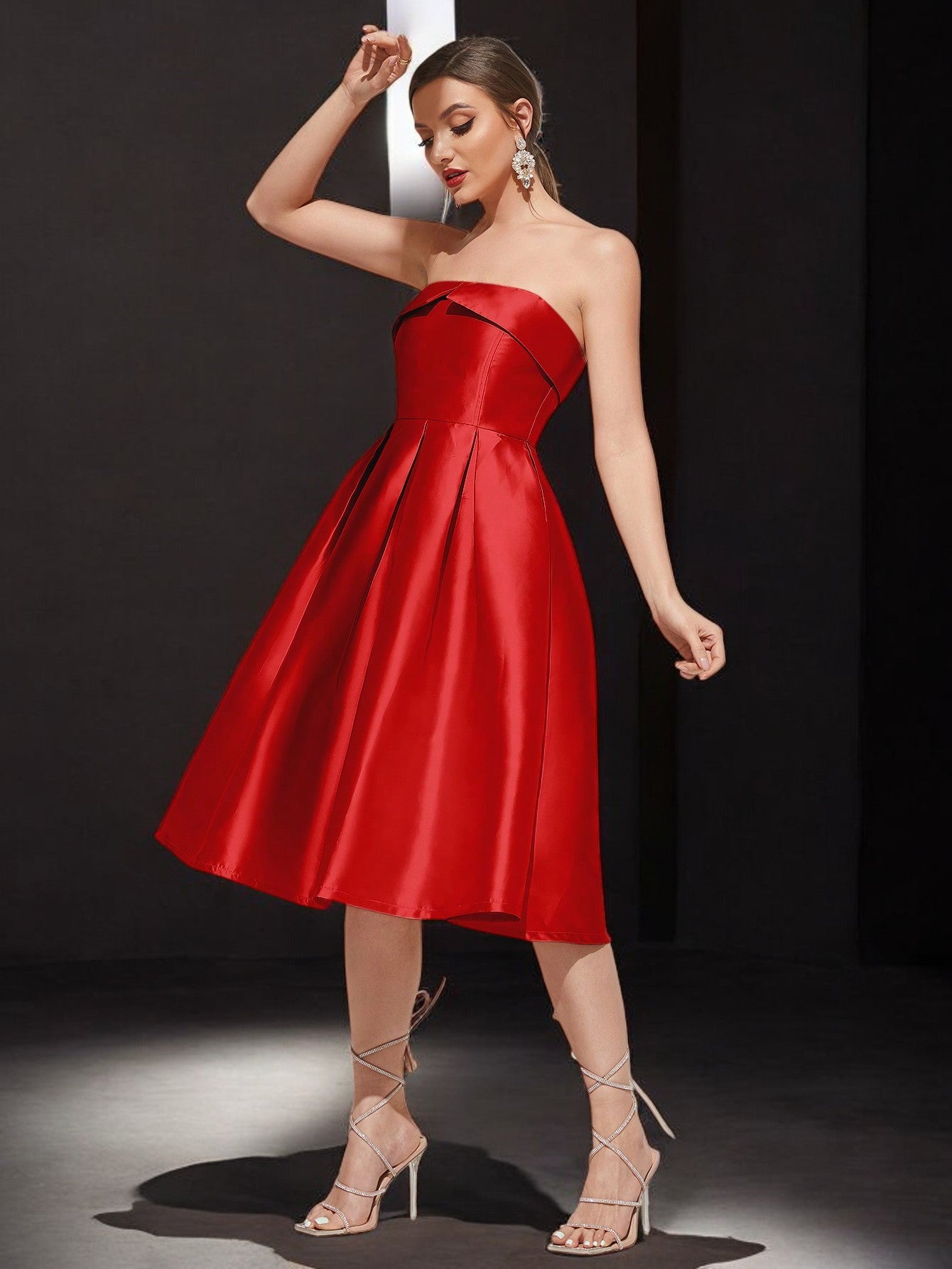 Anna | Satin Strapless Pleated Midi Evening Dress-RED