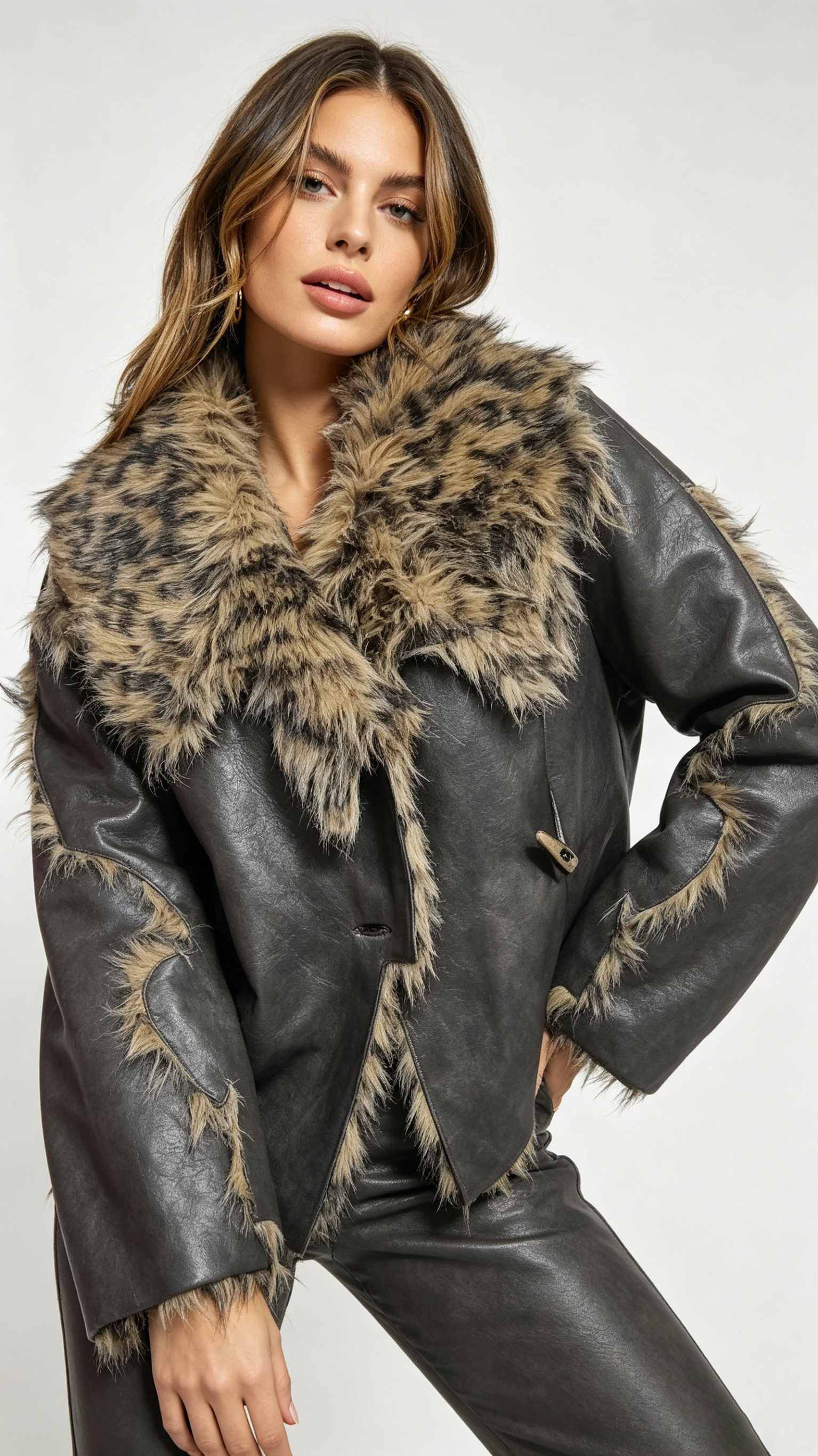 selina | Vintage Leopard Faux Fur Collar Distressed Leather Shearling Jacket