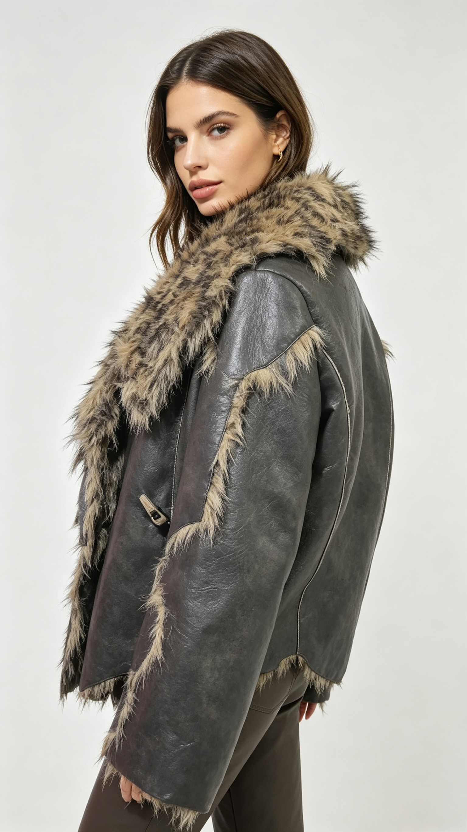 selina | Vintage Leopard Faux Fur Collar Distressed Leather Shearling Jacket