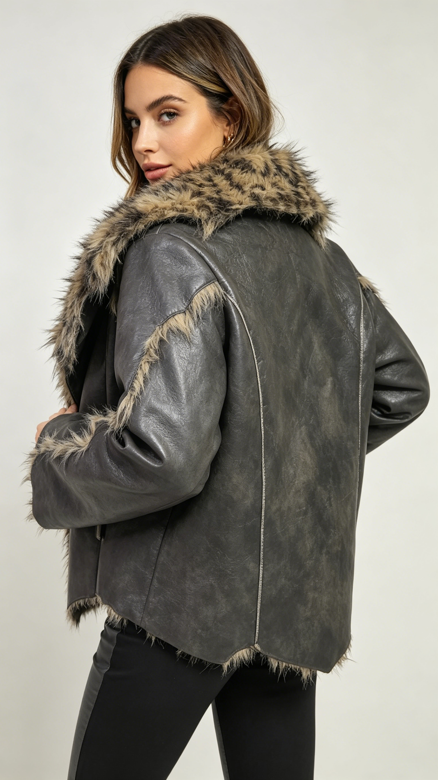selina | Vintage Leopard Faux Fur Collar Distressed Leather Shearling Jacket