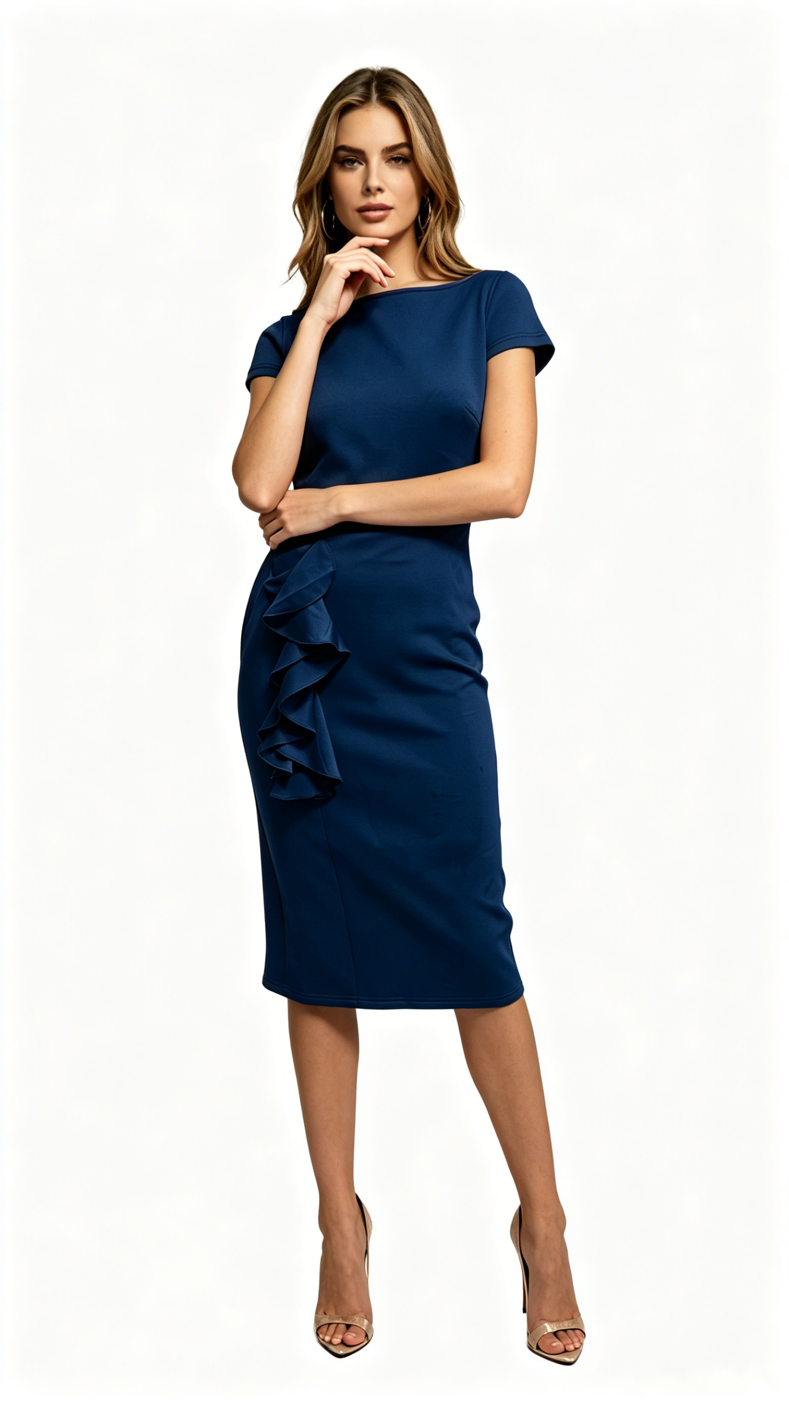 Amy | Boat Neck Short Sleeve Ruffle Trim Stretch Midi Bodycon Dress