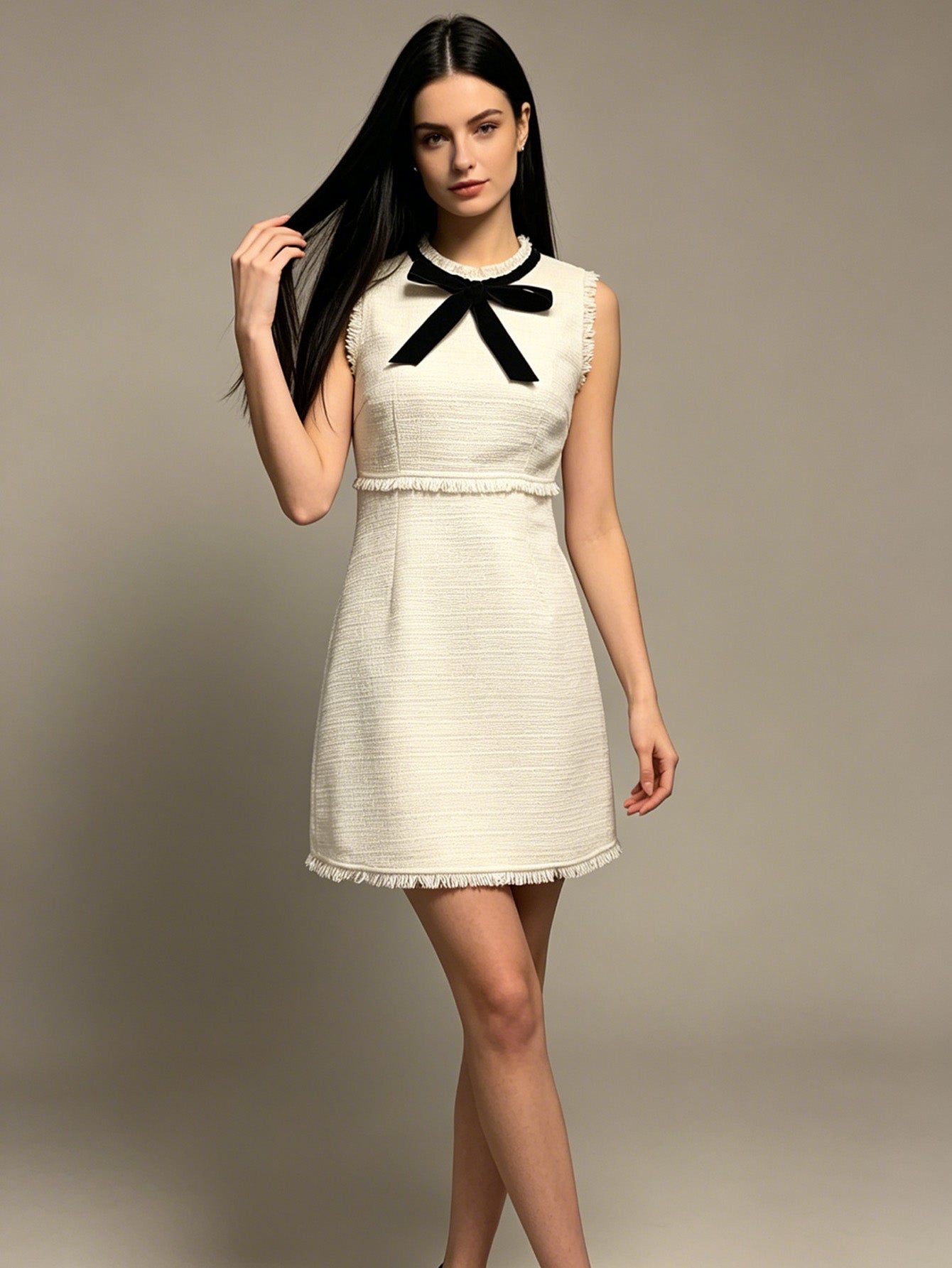ANNY | Sleeveless Bow Neck Textured Fringe Trim Mini Dress