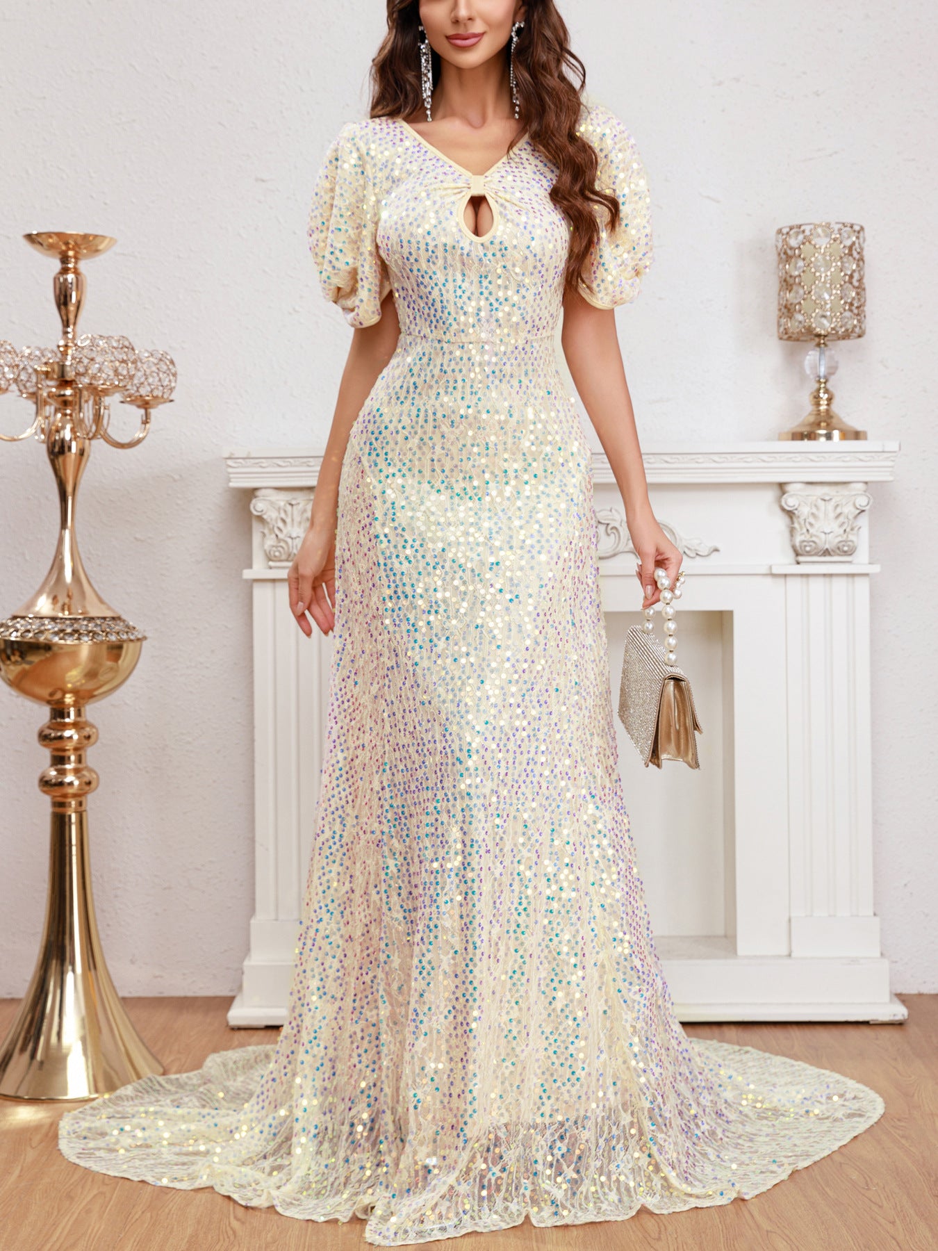 Front view of an apricot puff sleeve multicolor sequined evening dress with a V-neckline and hollow chest detail, perfect for weddings, banquets, and parties.
