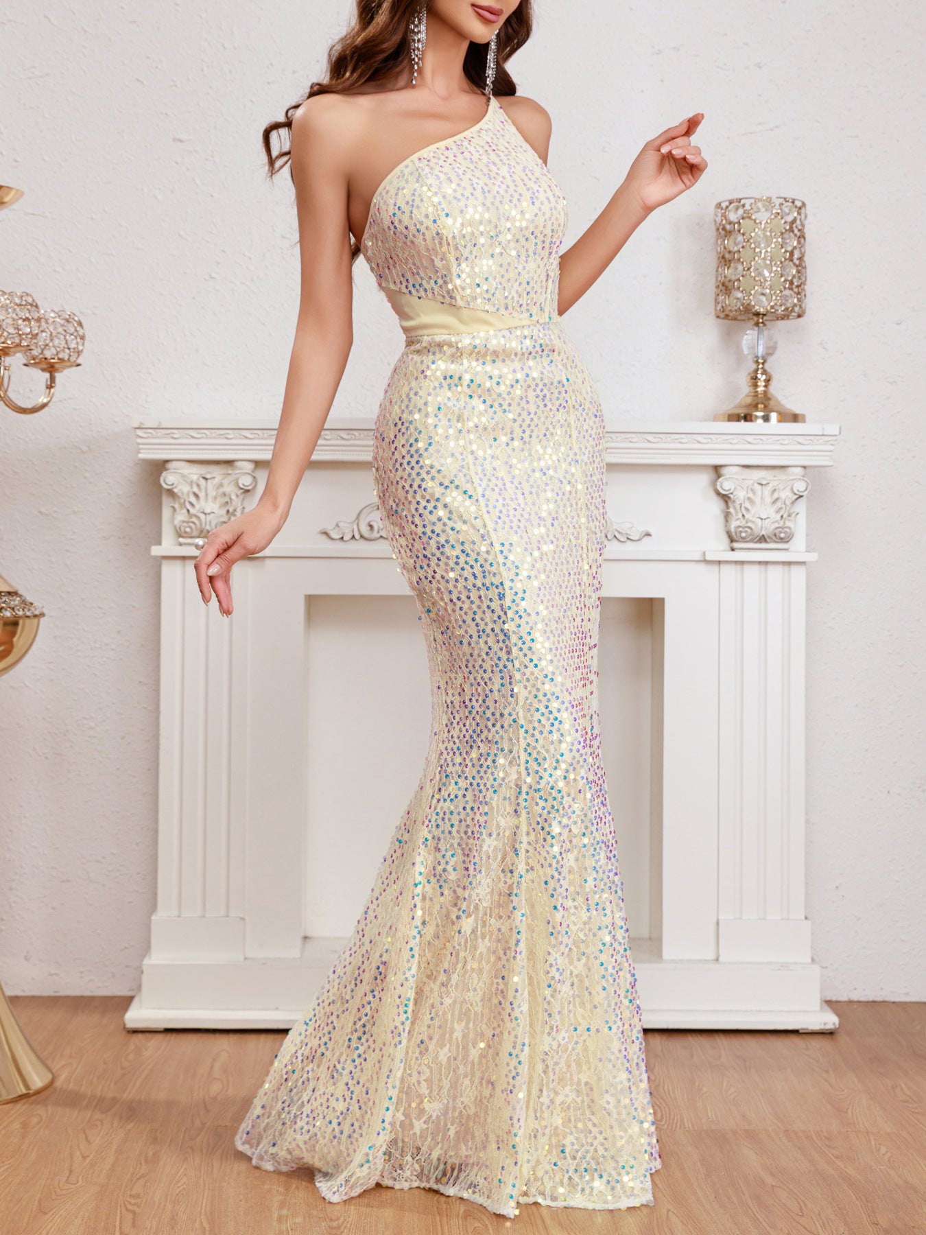 Close-up detail of the Apricot Sleeveless Multicolor Sequins Suspender Mermaid Dress, showcasing the intricate multicolor sequins and premium fabric.