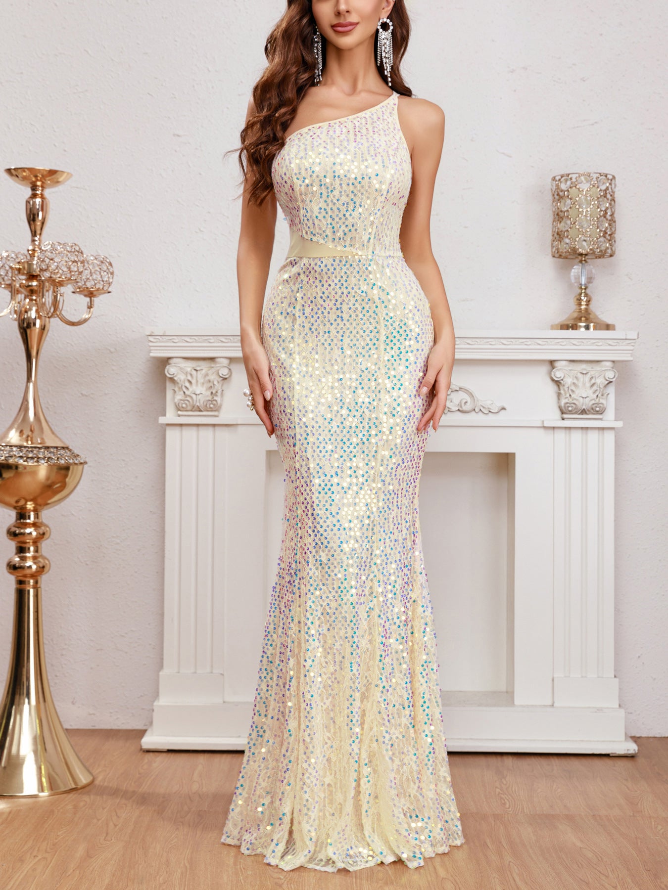 Front view of the Apricot Sleeveless Multicolor Sequins Suspender Mermaid Dress, showcasing the elegant mermaid silhouette and shimmering sequins.