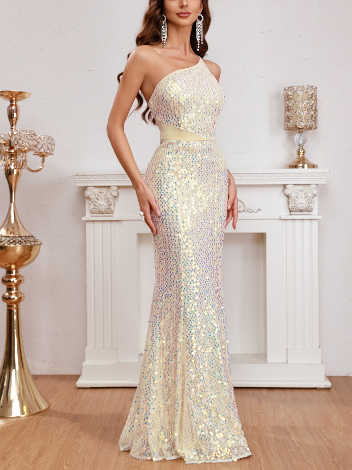 Side view of the Apricot Sleeveless Multicolor Sequins Suspender Mermaid Dress, highlighting the asymmetrical neckline and curve-hugging fit.