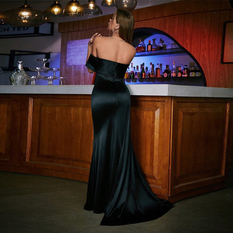 Back view of the Black Off-Shoulder Satin Evening Dress highlighting the tube top fit and elegant floor-length satin finish.