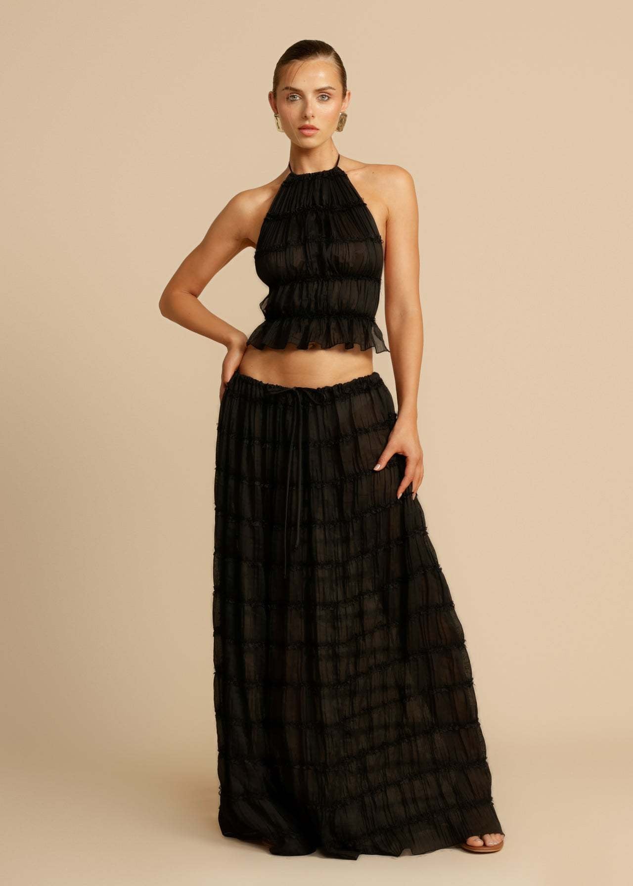 Front view of the Black Chiffon Backless Lace-up Pleated Maxi Dress, showcasing the elegant pleated design and hanging neck style.