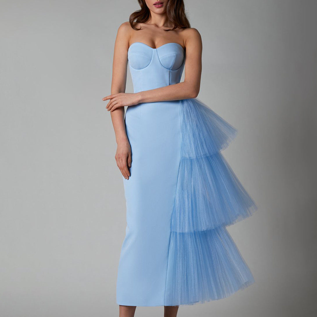 Front view of the blue sleeveless pleated mesh splicing stretch maxi dress, showcasing the elegant design and flattering fit.