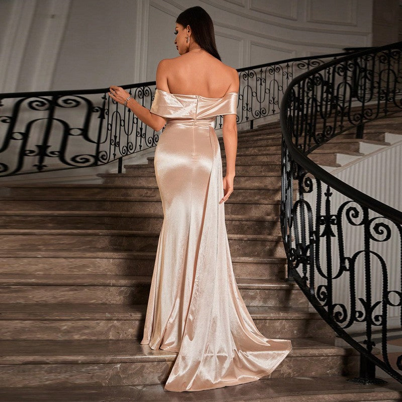 Back view of the Champagne Off-Shoulder Satin Evening Dress highlighting the tube top fit and elegant floor-length satin finish.