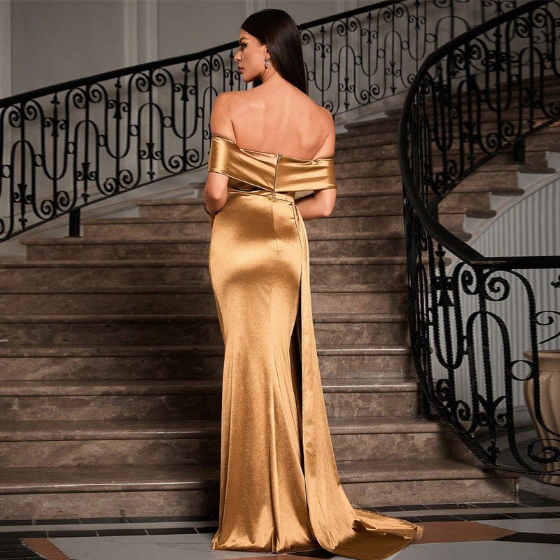 Back view of the Gold Off-Shoulder Satin Evening Dress highlighting the tube top fit and elegant floor-length satin finish.