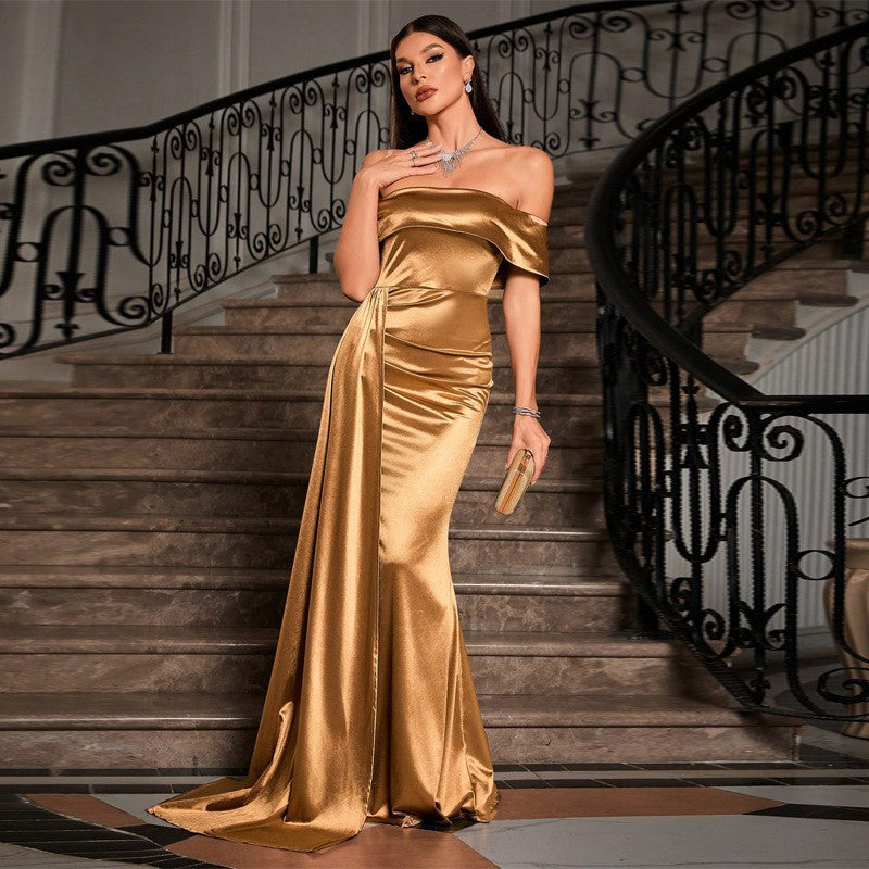 Front view of the elegant Gold Off-Shoulder Tube Top Satin Evening Dress with waist ribbon splicing detail, crafted from luxurious satin fabric.