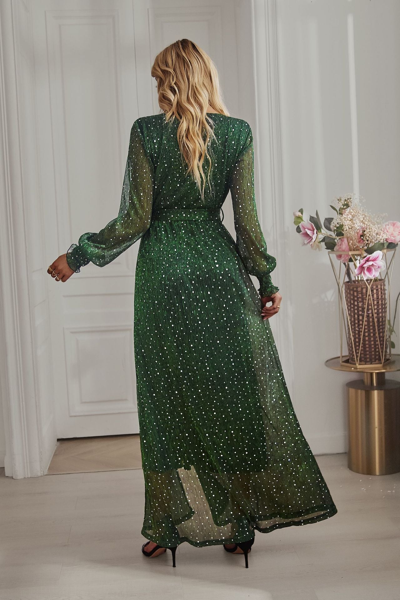 Back view of Green Long Sleeve Rhinestone Mesh Maxi Dress with long sleeves and a flowing maxi-length design.