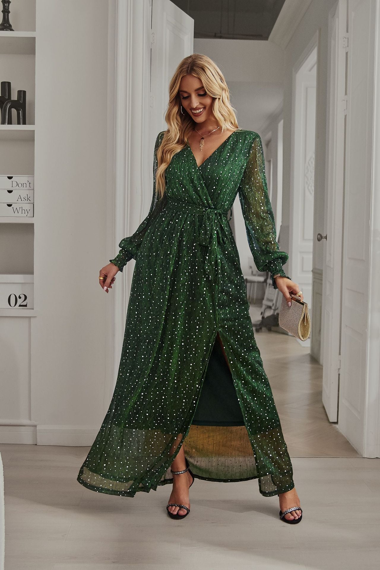 Close-up detail view of Green Long Sleeve Rhinestone Mesh Maxi Dress highlighting rhinestone embellishments and mesh fabric.