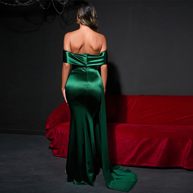 Back view of the Green Off-Shoulder Satin Evening Dress highlighting the tube top fit and elegant floor-length satin finish.
