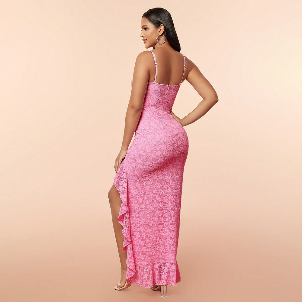 A back view of the pink lace dress highlighting the chic backless design. The delicate embroidery is visible along the lace fabric, adding a touch of elegance. The adjustable suspenders provide a secure and comfortable fit, perfect for outdoor leisure and vacation occasions.