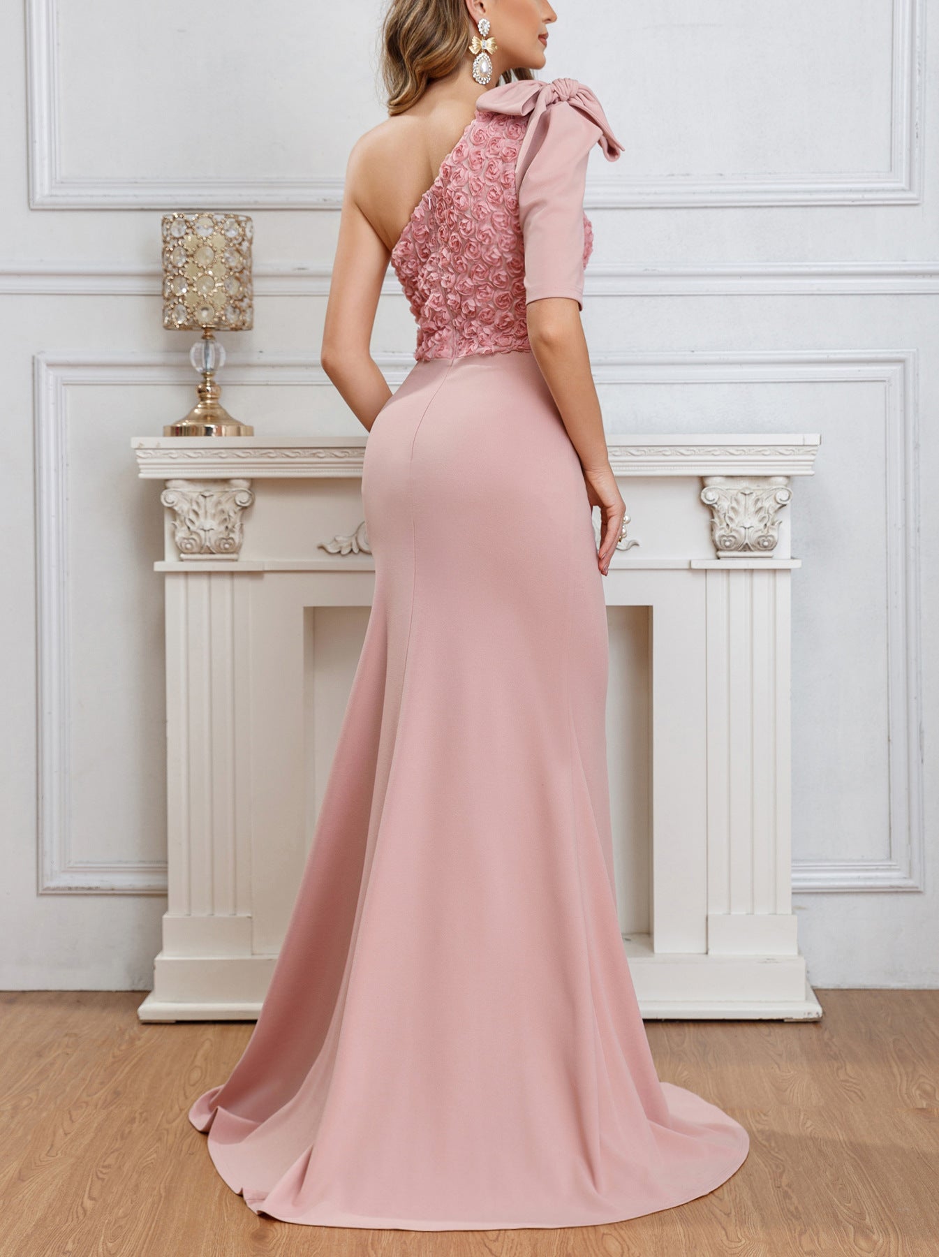 Back view of the Pink One Shoulder Embroidered Splicing Mermaid Dress highlighting the smooth splicing process and flowing mermaid hem.