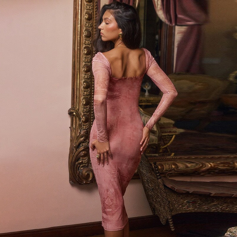 Back view of the Pink Red Long Sleeve 3D Printed Low-Cut Midi Dress, showcasing the stunning backless design and intricate detailing.