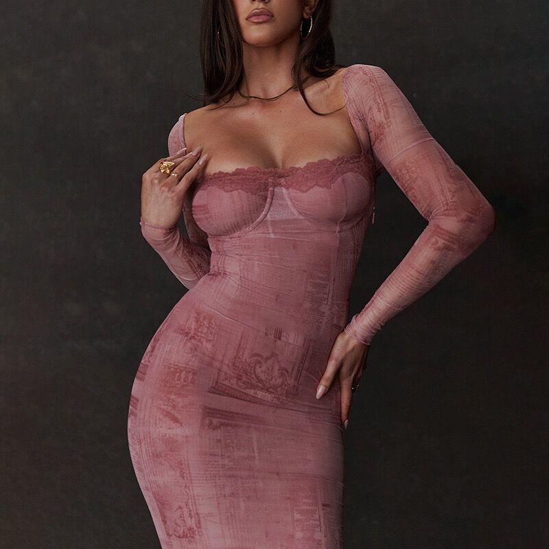 Front view of the Pink Red Long Sleeve 3D Printed Low-Cut Midi Dress, showcasing its elegant design, low-cut neckline, and flattering silhouette.