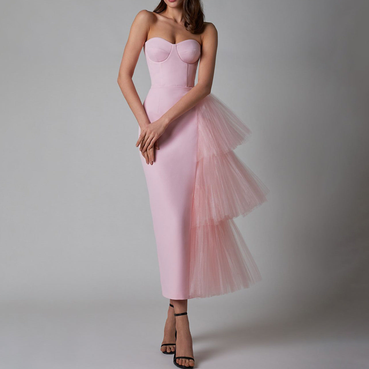 Front view of the pink sleeveless pleated mesh splicing stretch maxi dress, showcasing the elegant design and flattering fit.