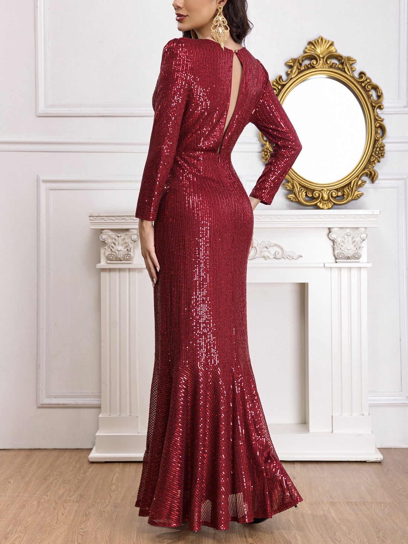 Back view of the Red Long Sleeve Deep V-Neck Sequins Evening Dress featuring a sleek silhouette and keyhole back design.
