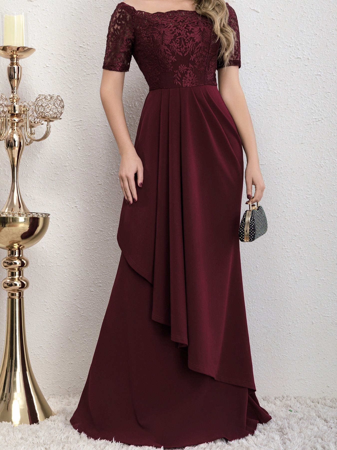Close-up detail view of the Yedda wine red short sleeve embroidered lace spliced A-line dress, showcasing intricate lace embroidery and fine craftsmanship.
