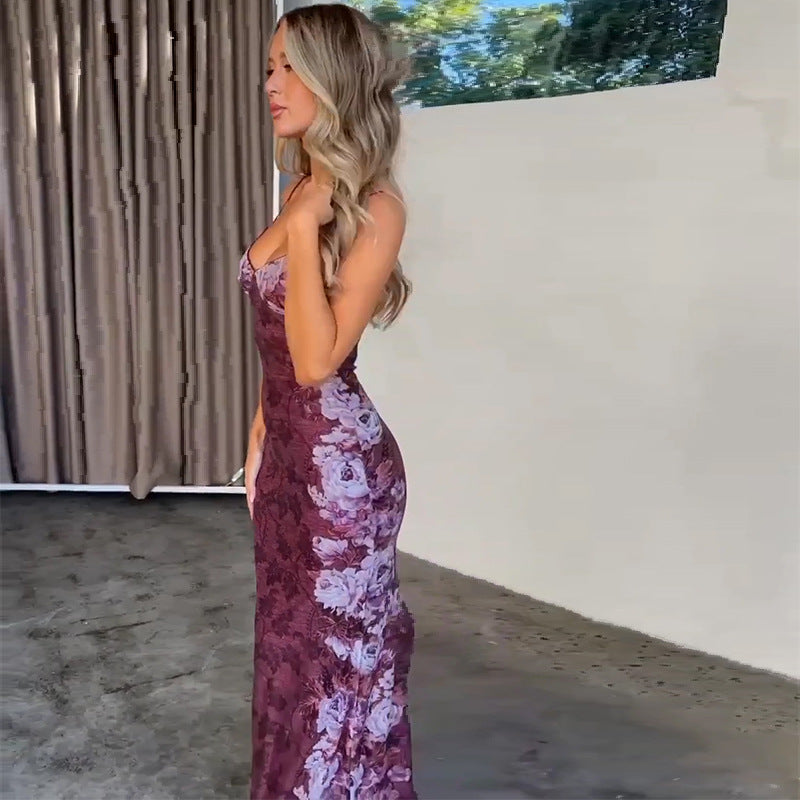 Side view of the wine red mesh suspender maxi dress showcasing its elegant silhouette, sleeveless style, and delicate floral print.