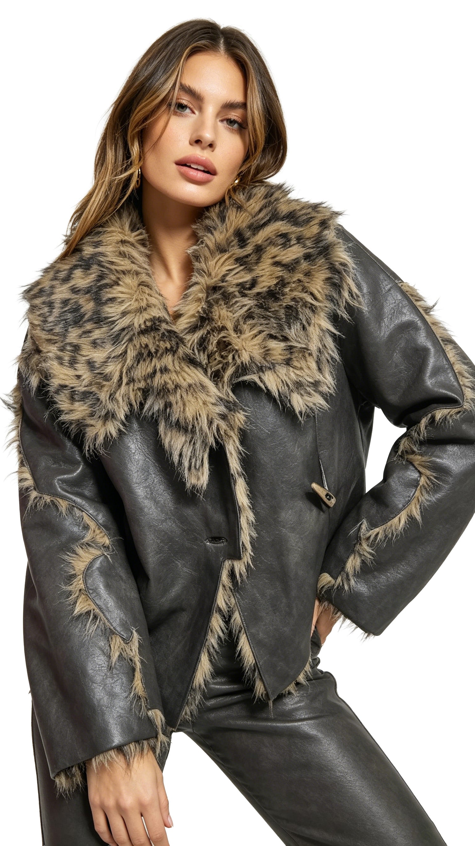 selina | Vintage Leopard Faux Fur Collar Distressed Leather Shearling Jacket