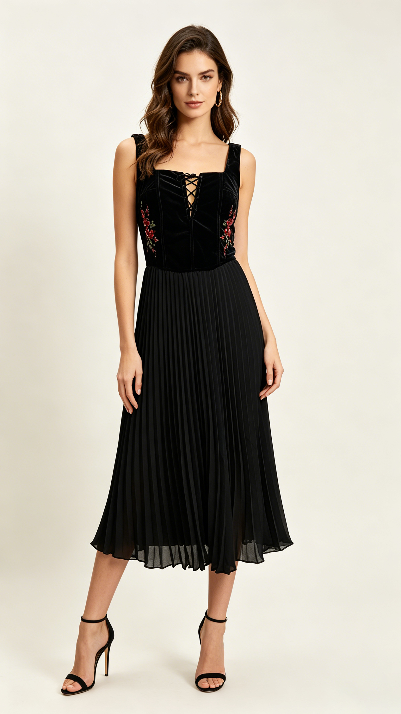 Ada | Black Velvet Floral Embroidery Corset Pleated Midi Dress