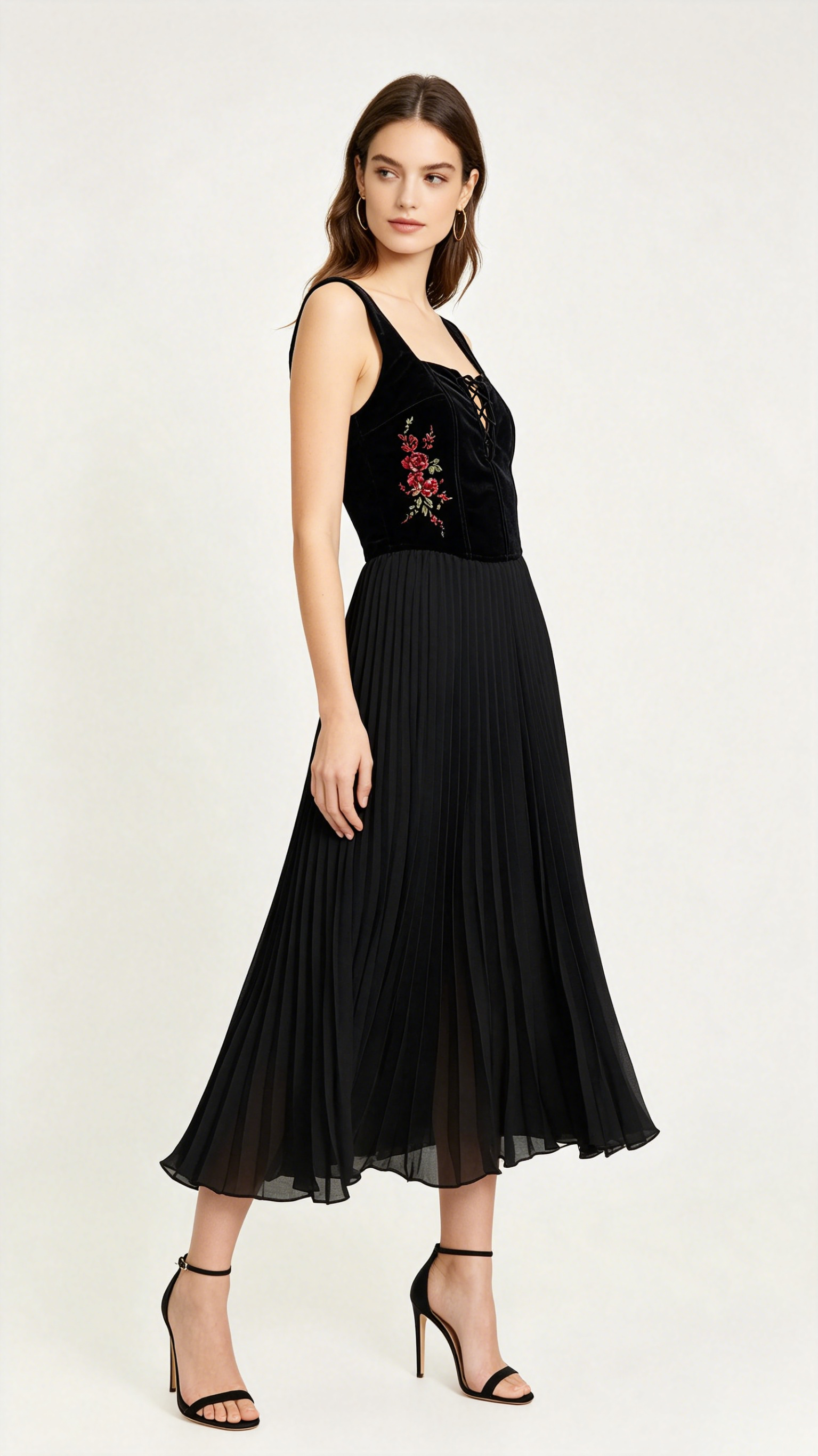 Ada | Black Velvet Floral Embroidery Corset Pleated Midi Dress