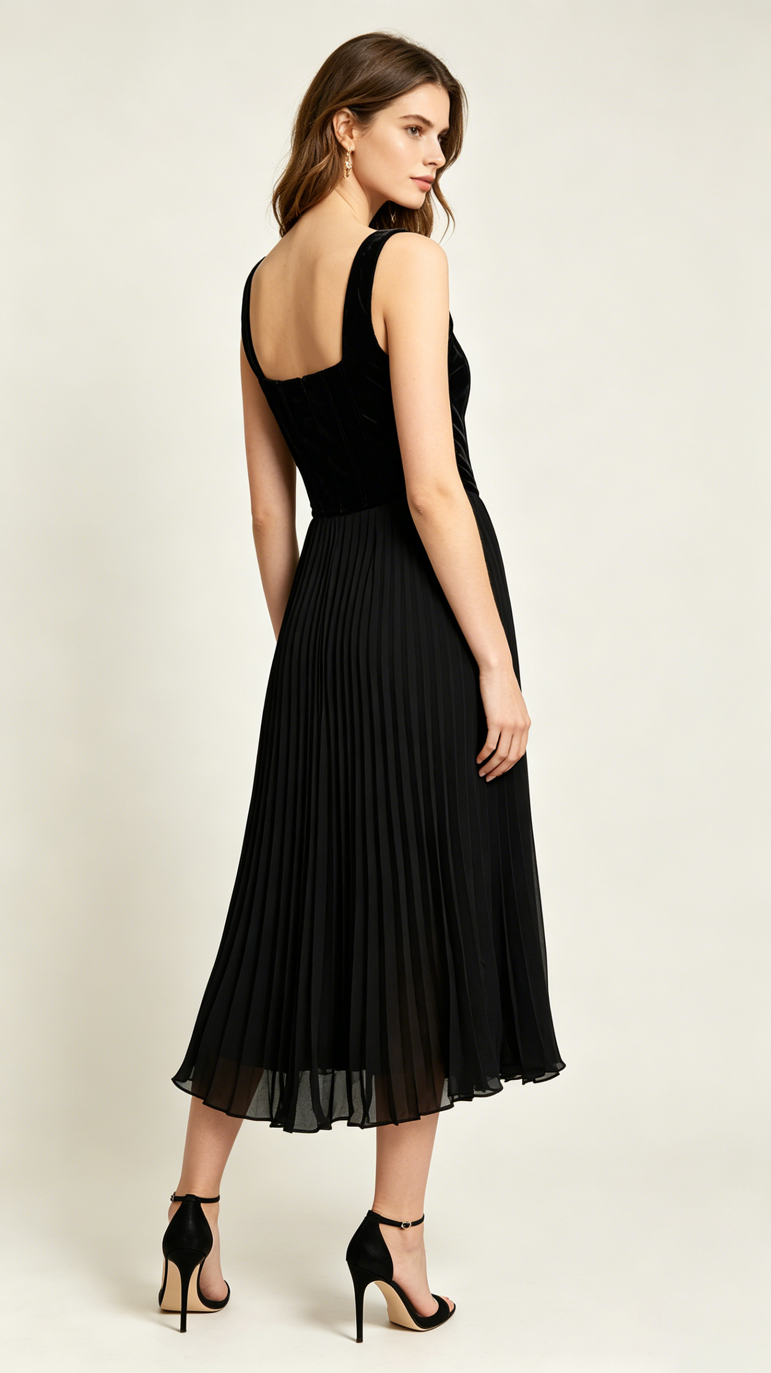 Ada | Black Velvet Floral Embroidery Corset Pleated Midi Dress