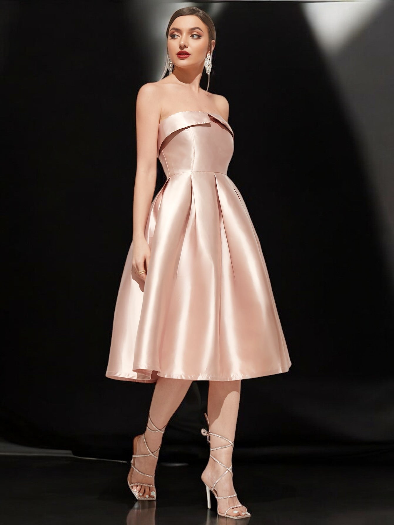 Anna | Satin Strapless Pleated Midi Evening Dress