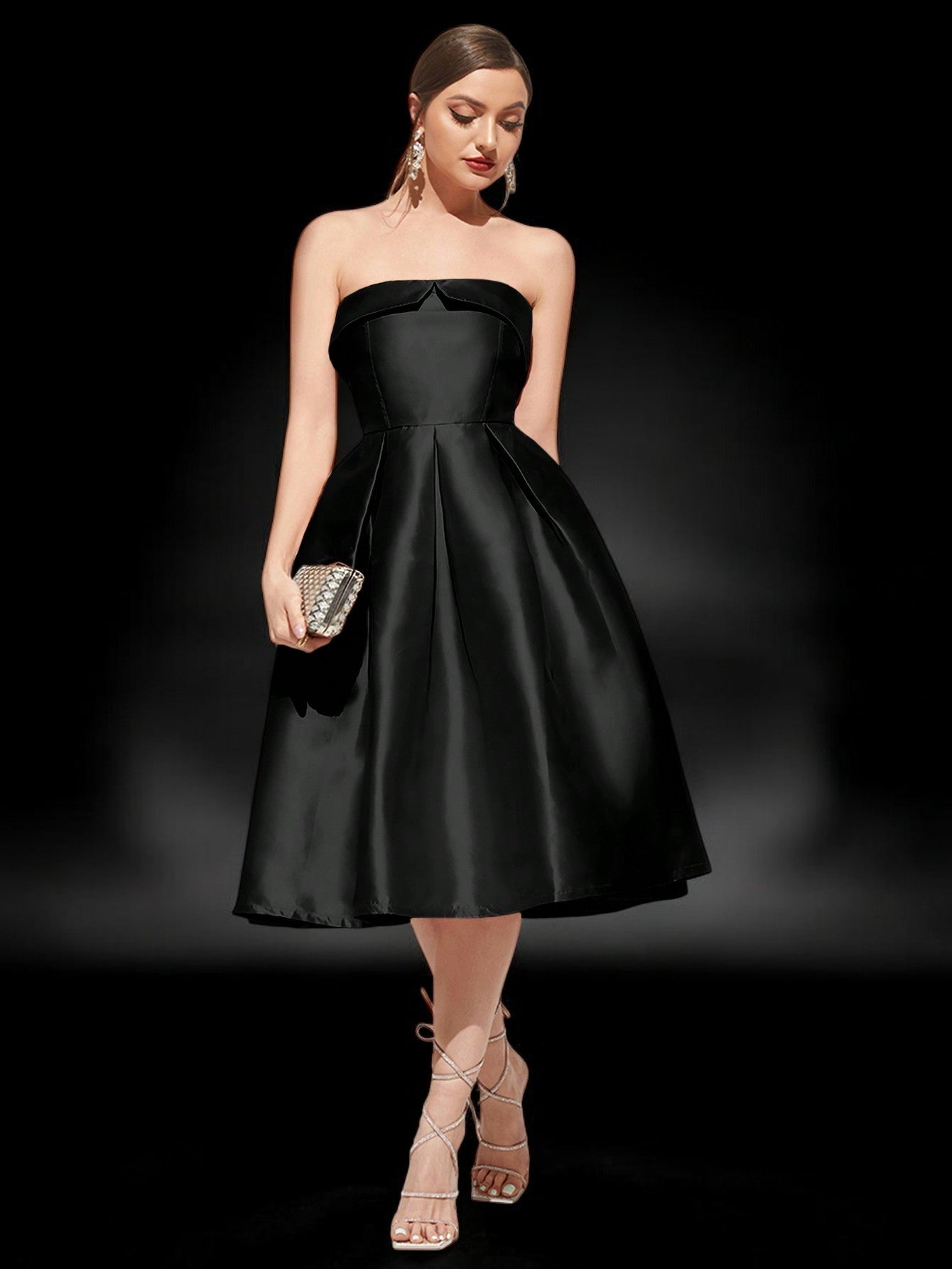 Anna | Satin Strapless Pleated Midi Evening Dress