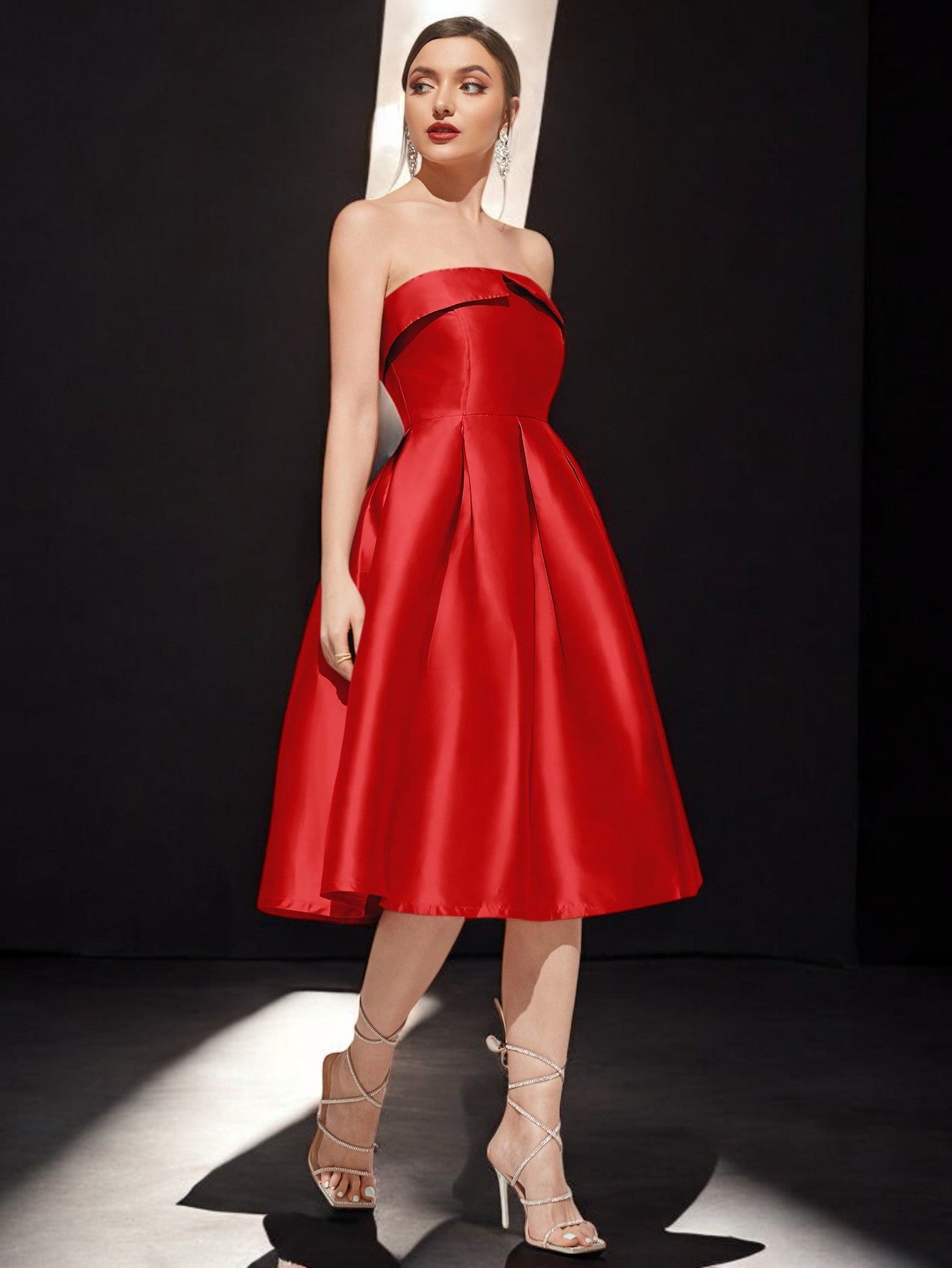 Anna | Satin Strapless Pleated Midi Evening Dress