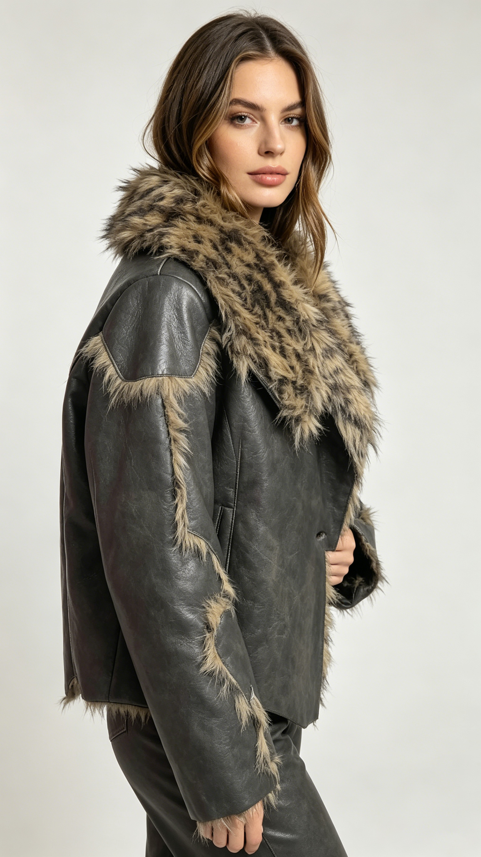 selina | Vintage Leopard Faux Fur Collar Distressed Leather Shearling Jacket