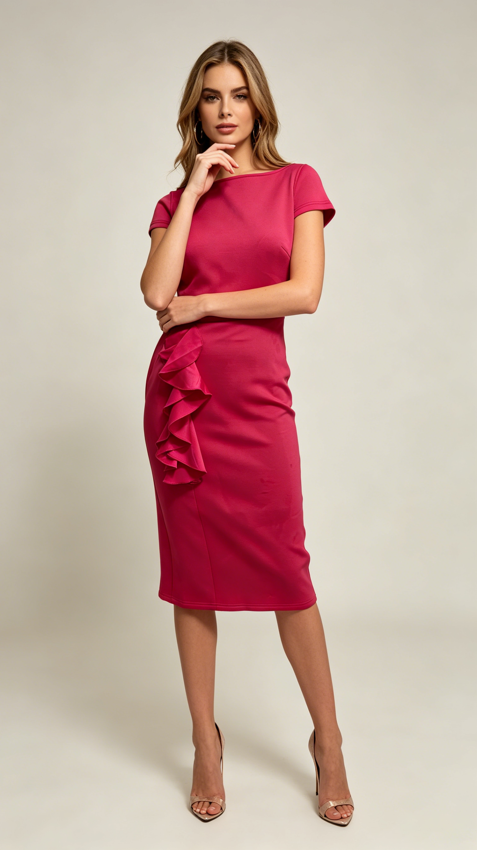 Amy | Boat Neck Short Sleeve Ruffle Trim Stretch Midi Bodycon Dress