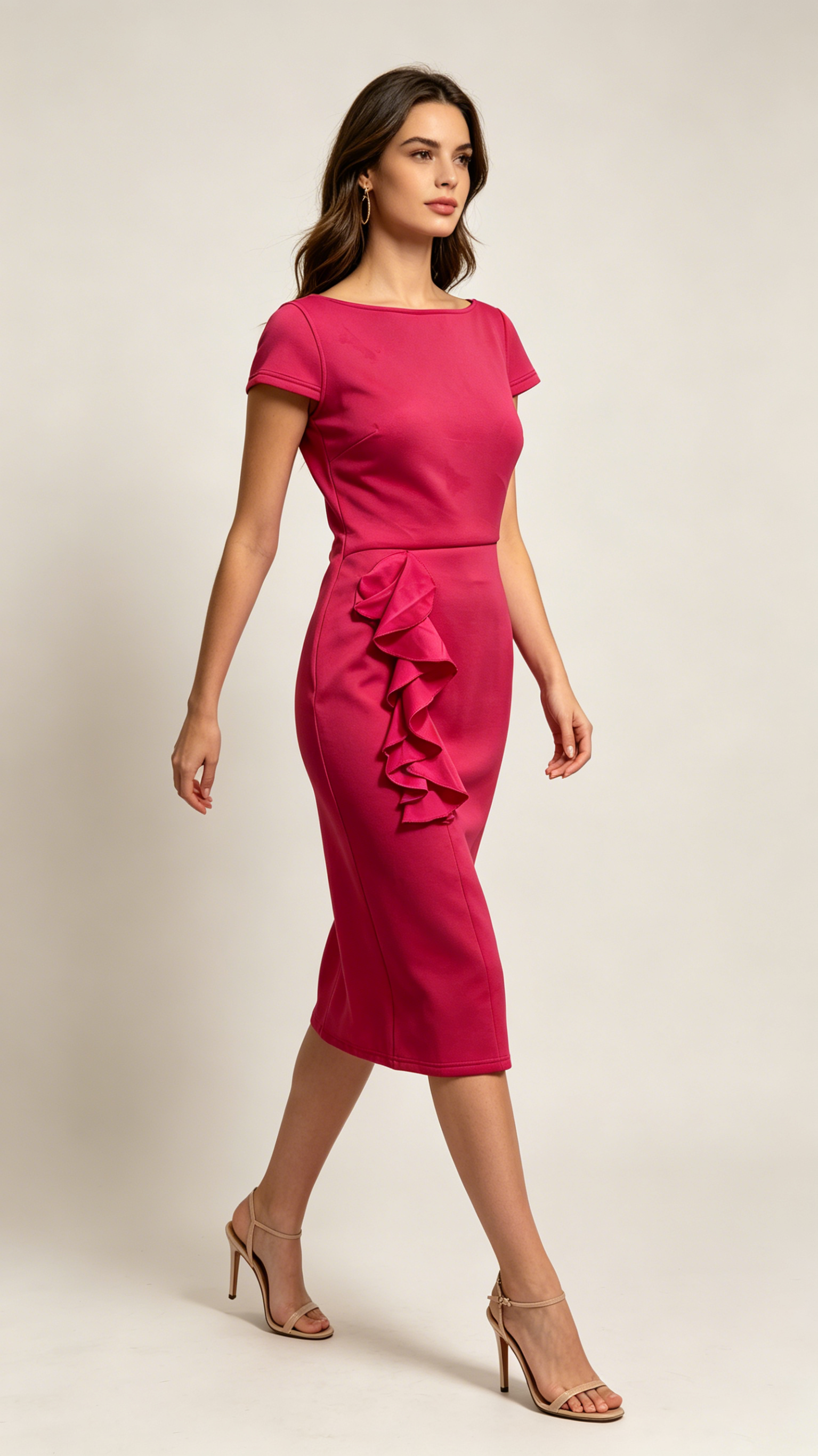 Amy | Boat Neck Short Sleeve Ruffle Trim Stretch Midi Bodycon Dress