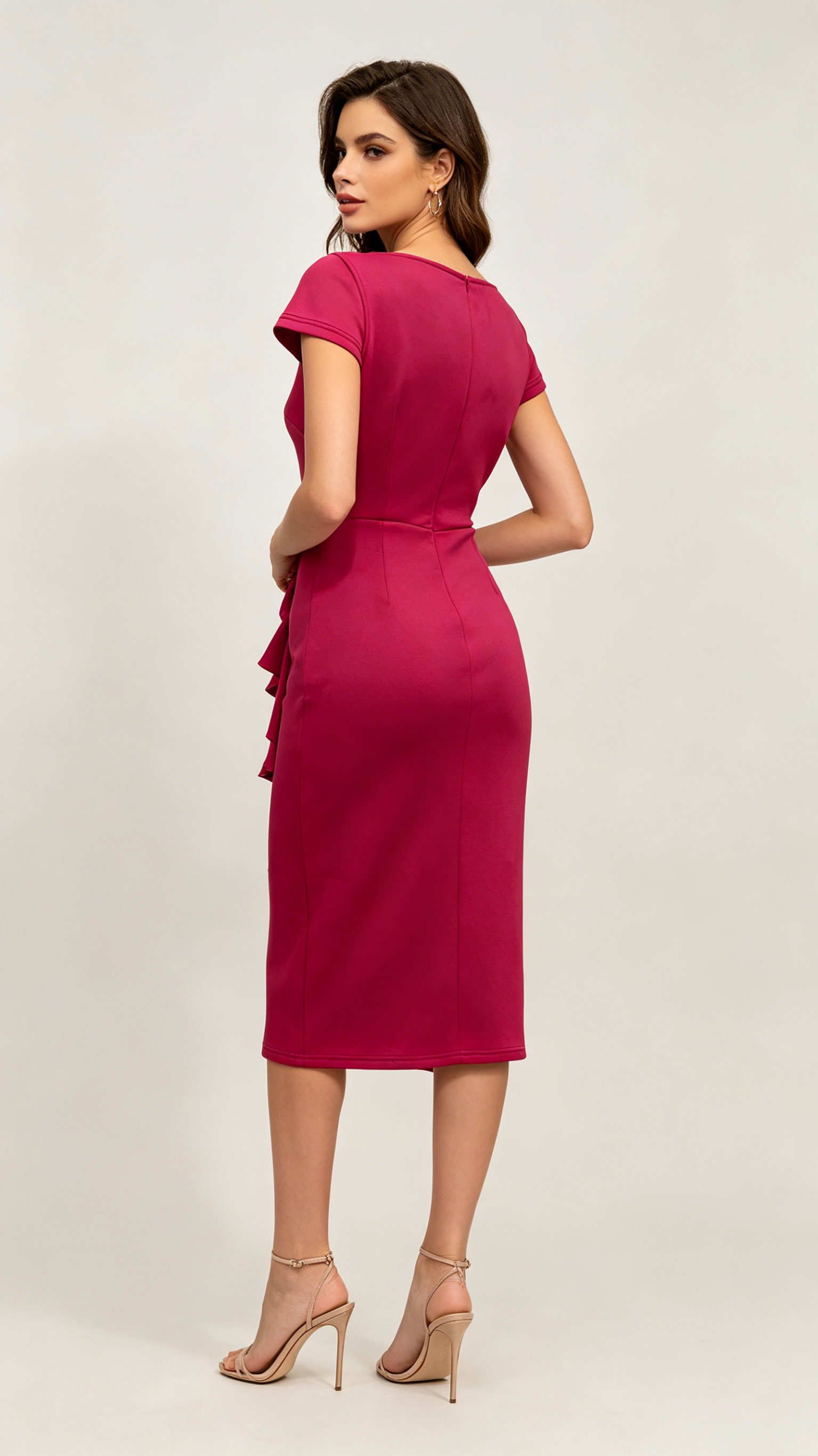 Amy | Boat Neck Short Sleeve Ruffle Trim Stretch Midi Bodycon Dress