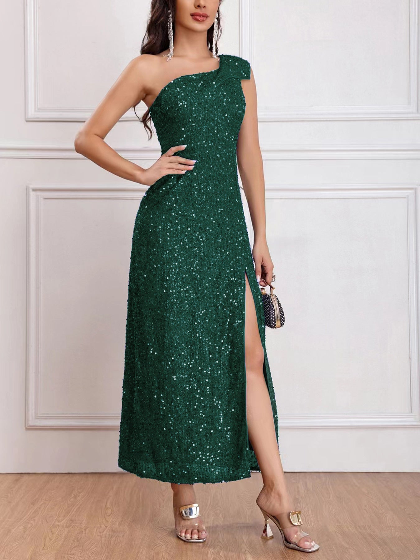 Front view of the Green Sleeveless One-Shoulder High Slit Sequins Maxi Dress, showcasing its elegant design and shimmering sequins.