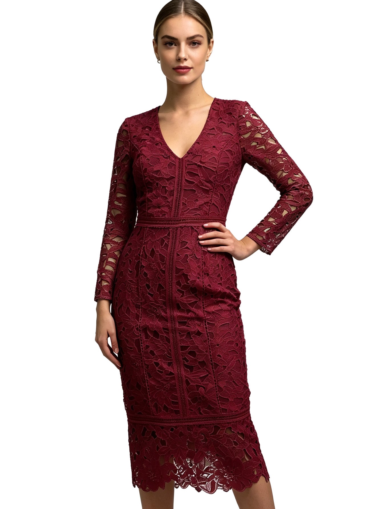 Marry | Long Sleeve V-Neck Lace Mermaid Midi Dress