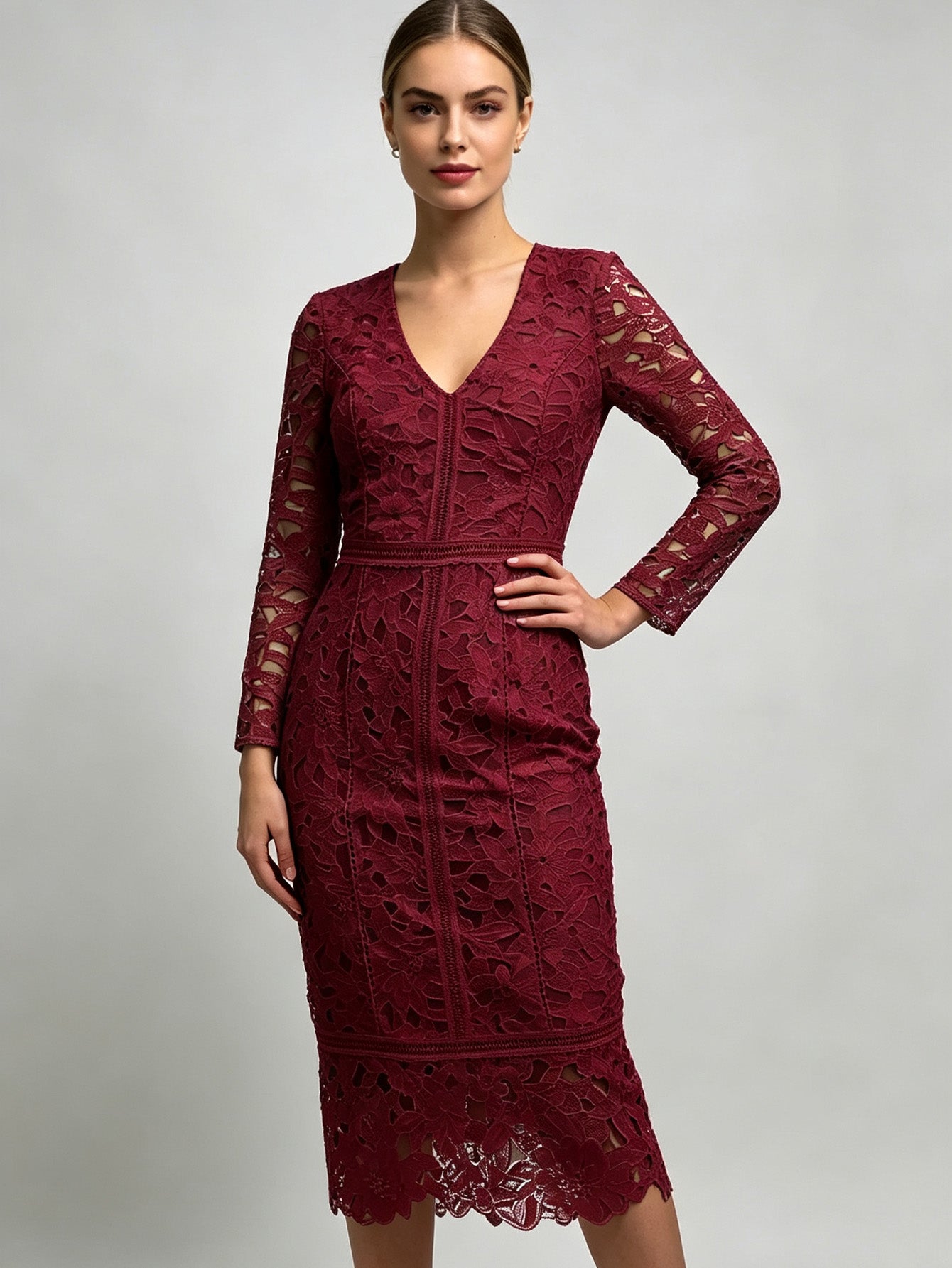 Marry | Long Sleeve V-Neck Lace Mermaid Midi Dress