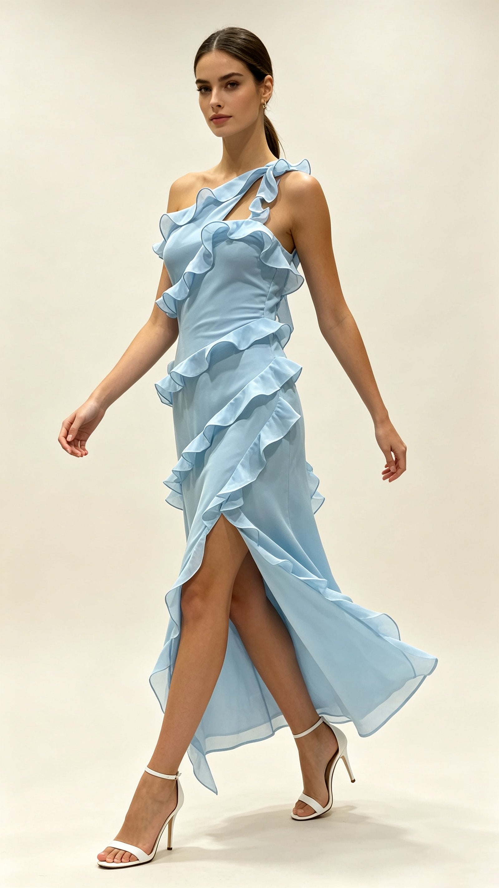 Mina | One Shoulder Ruffled Chiffon Split Midi Dress