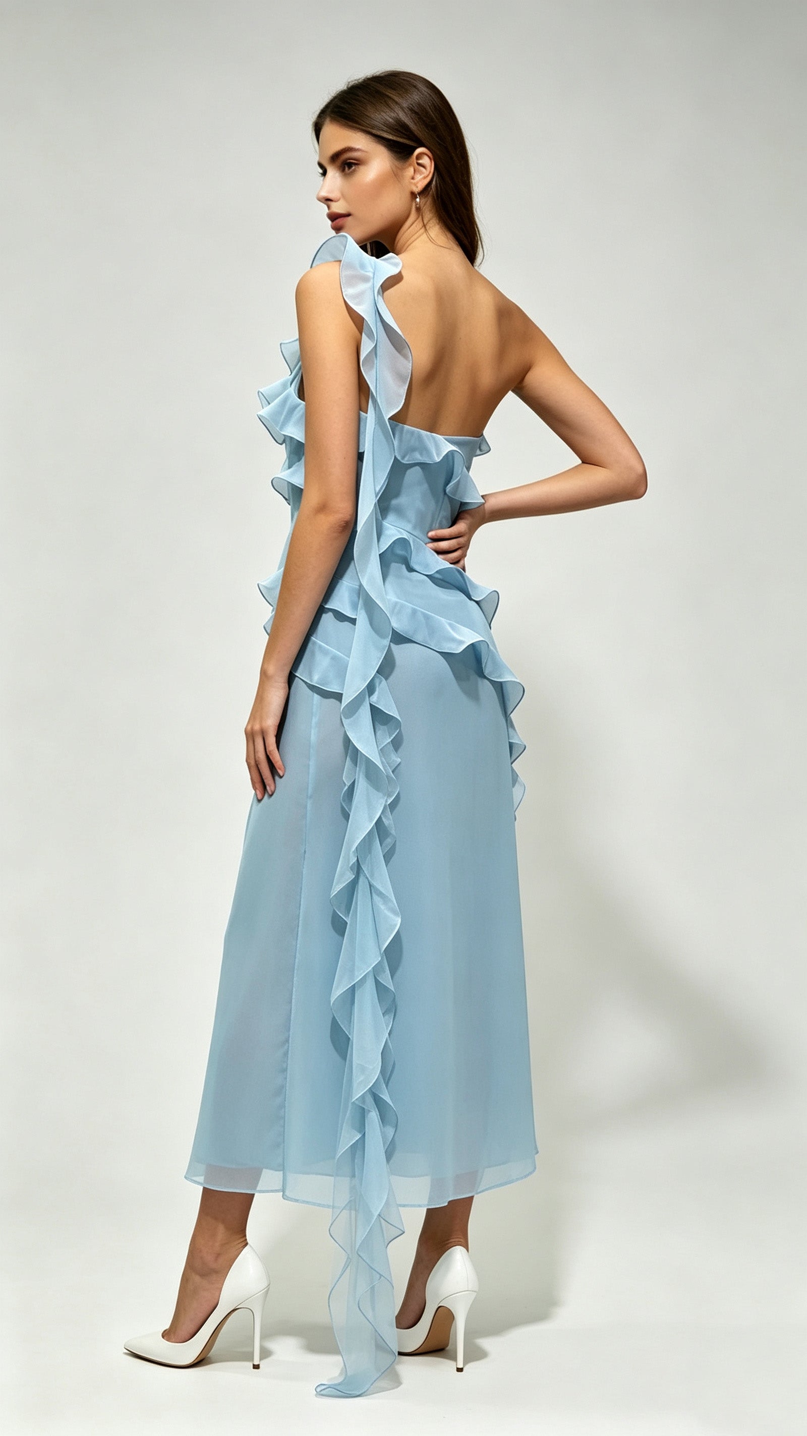 Mina | One Shoulder Ruffled Chiffon Split Midi Dress